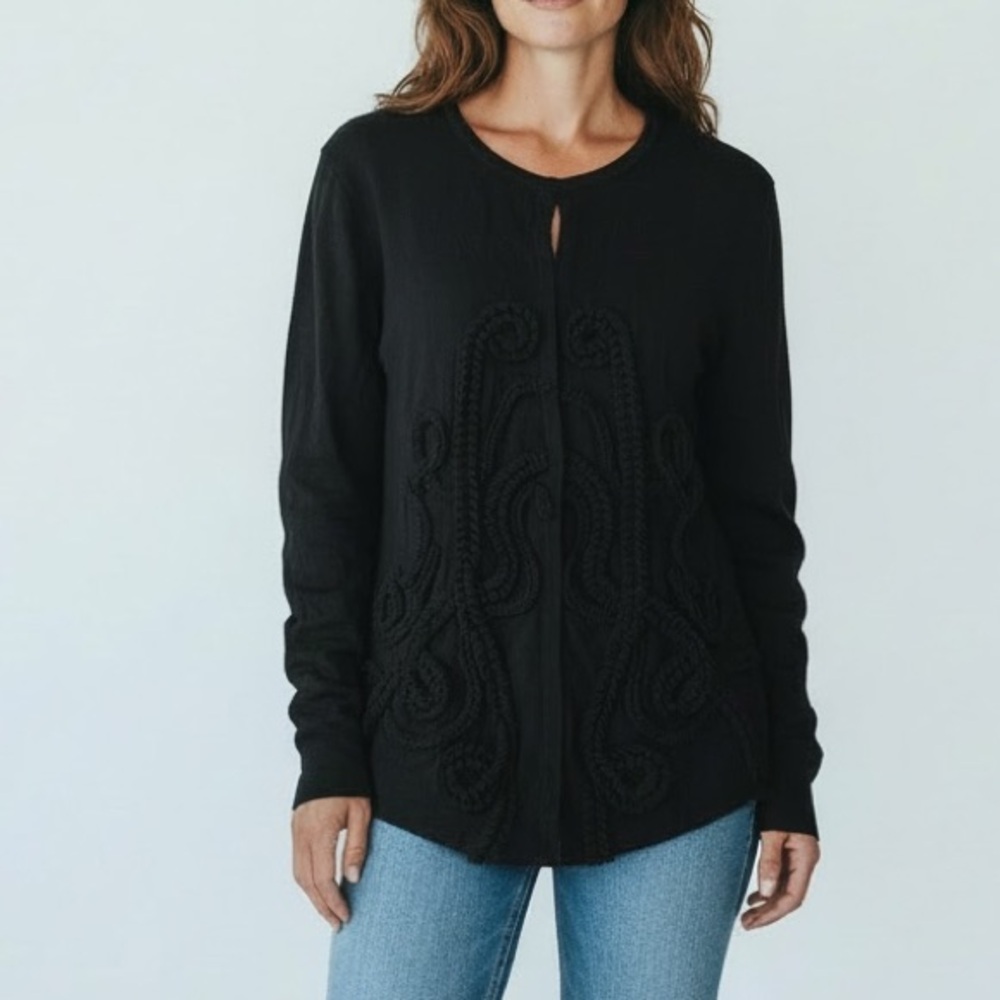 Tribal Embroidered Front Black Bohemian Cardigan Sweater Womens Large